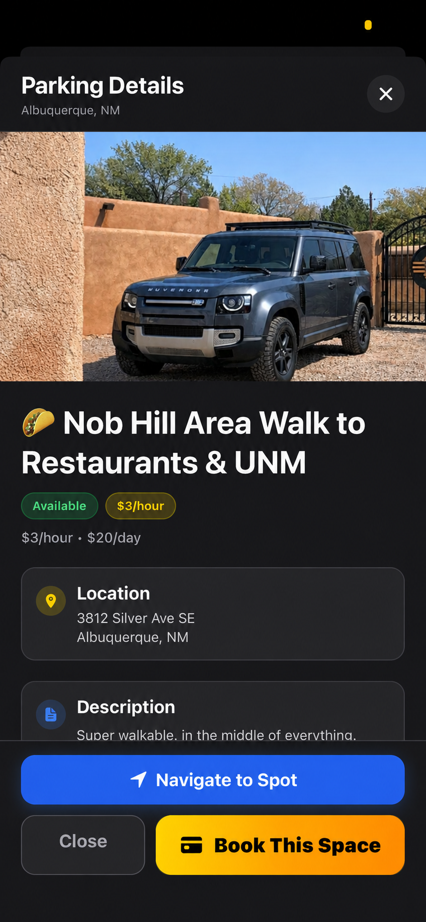 ParkYoRide parking details screen for 3812 Silver Ave SE in Albuquerque