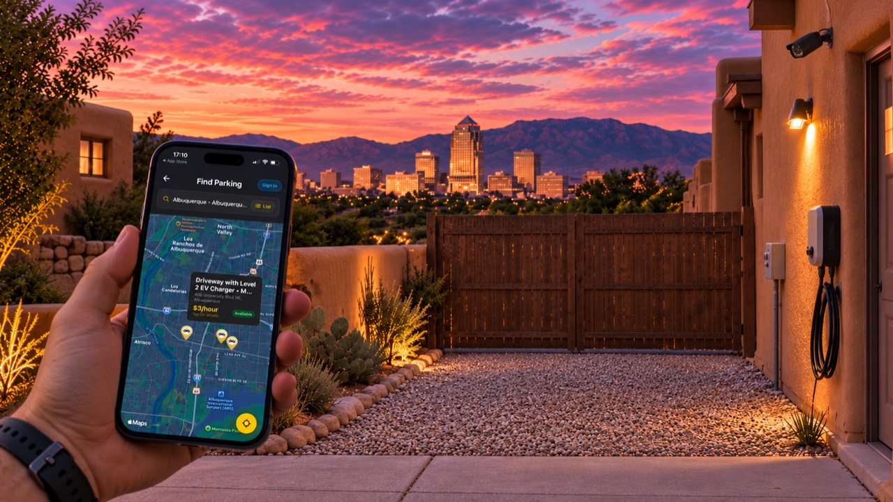 A hand holding ParkYoRide on an iPhone beside an empty Albuquerque side-lot with residential charging and security amenities